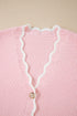 Pink Ribbed Knit Scalloped Edge Side Pockets Buttoned Cardigan